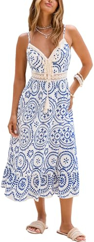 CUPSHE Dam Boho Midi-klänningar sommar spagettirem virkad spets v-hals dragsko midja strand semester avslappnad solklänning