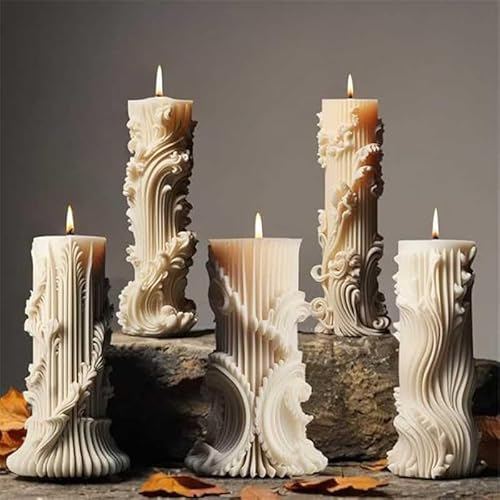 dellyy Pack de 5 Moldes Cilíndricos para Velas, Moldes de Silicona de Silicona para Velas, Moldes de Silicona para Columnas, Patrón Romano Antiguo