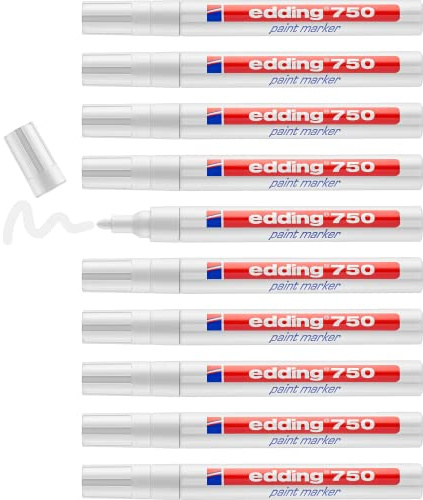 edding 750 paint marker - white - 10 pens - round tip 2-4 mm - paint marker for marking and labelling metal, glass, rocks or plastic - heat-resistant, permanent, smudge-proof and waterproof
