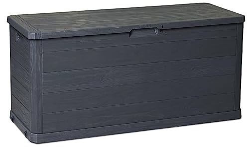 Toomax Multibox Woody's baule da 280L multiuso 117x45x56h cm portaoggetti da giardino, colore antracite effetto legno, resistente ai raggi UV, dotato di foro per lucchetto, ideale per esterni