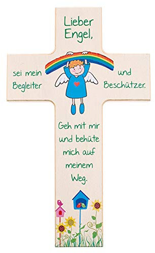 Fritz Cox Kinderkreuz aus Holz Regenbogen-Engel | für Kinderzimmer und Patengeschenke | tolles Geschenk zur Taufe und zum Geburtstag | Lieber Engel sei mein Begleiter | für Jungen & Mädchen | 15 cm