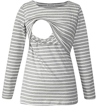 Smallshow Women's Long Sleeve Breastfeeding Top Maternity Nursing T-Shirt Pregnancy Clothes Grey Stripe M
