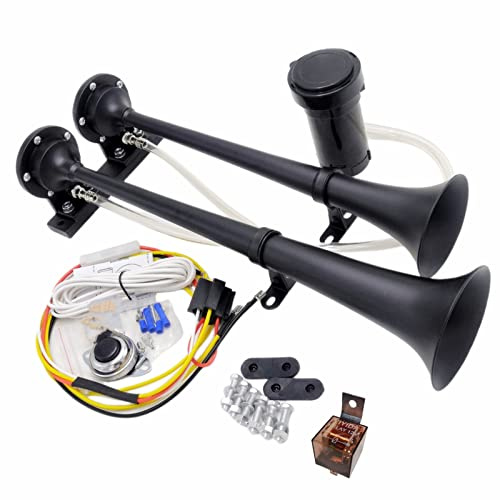 YIYIDA Clacson per auto Corno d'aria 170db Air Horn Corno elettrico della nave 12V Corno del camion Zinco cromo nero alto tono e basso tono Altoparlante Doppio tubo Car Horn per 12V car yacht barca