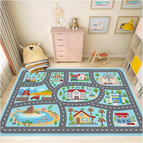 YSYTLCL Kids Rug Car Rugs 31''x47'' Playmat Carpet for Play Toy Cars for Playroom Classroom Kids Room, Non-Slip Road Traffic Floor Rug Mats, Washable Children's Town Road Play Rug.