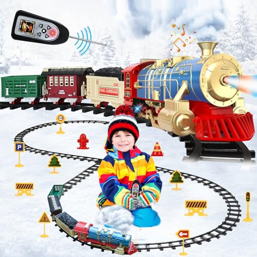 Ulikey Acrylonitrile butadiène styrène Train avec Rail, Fumé, Lumières et Son, Locomotive à Vapeur Electrique, Jouet avec Télécommande, Cadeaux de Noël Anniversaire pour Enfants, Bleu