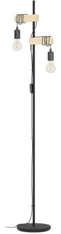 Eglo Lampadaire TOWNSHEND, lampe de sol à 2 flammes au design industriel, lampe sur pied en acier et en bois, noir, marron, douille E27, certifié FSC, interrupteur inclus