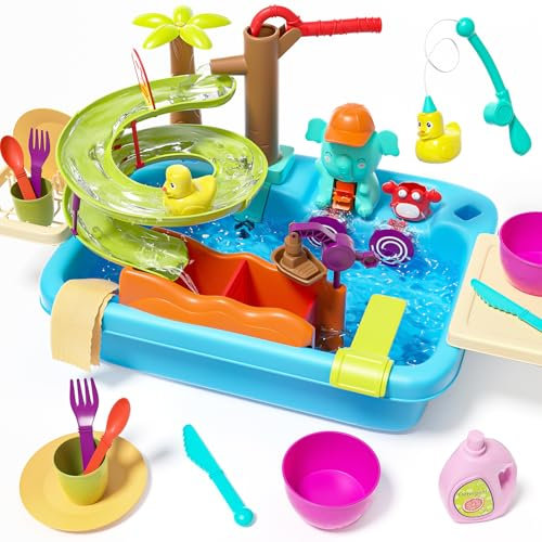 CUTE STONE Évier pour les enfants de jeu avec eau courante, 4 en 1 lavabo enfant cuisine, jeu de lave-vaisselle, piste de toboggan aquatique, jouets de pêche, évier de cuisine enfants garçons filles