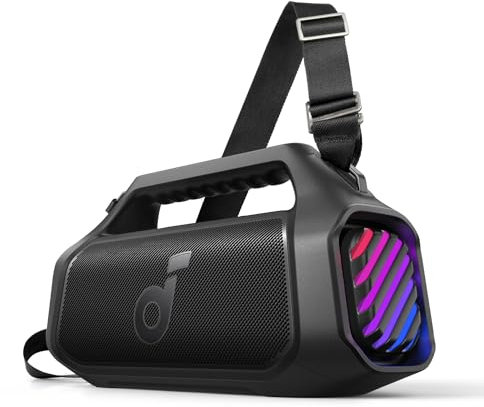 Soundcore Boom 2 Plus Enceinte Bluetooth puissante, 140W, 2+2 canaux stéréo, BassUp 2.0,Charge Rapide 30W, 20h, IPX7, lumières RGB, USB-C, pour l'extérieur, Le Camping, et la Plage (Reconditionné)