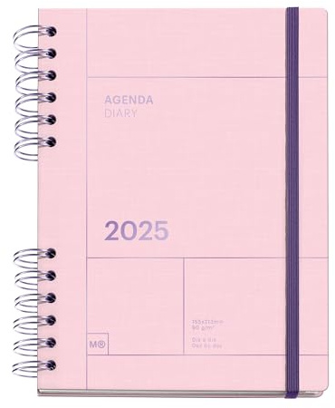 Miquelrius - Agenda 2025, Årlig dagbok 155 x 213 mm, dagskalender, fodrat kartongomslag, 100 g/m² hållbart papper, gummiförslutning, spanska, engelska och portugisiska, rosa