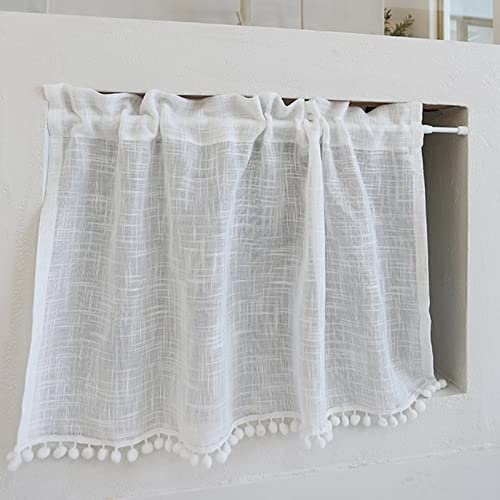 A.Monamour Cortina Cocina Ventana Puerta Corta Pequeña Lino De Algodón Transparente Translúcida Visillo Blanco Sólido con Borlas Bolsillo para Varilla Panel Cenefa Rustica Bistro para Dormitorio
