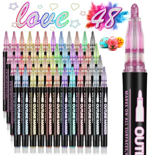 HIGSPE Glitzerstifte Magische Stifte, 48 Farben Outline Stifte Metallic Zauberstifte Kinder, Glitzer Filzstifte Füllidee, Einschulung Mädchen für Scrapbooking, Basteln, Mitgebsel 4-12 Jahre