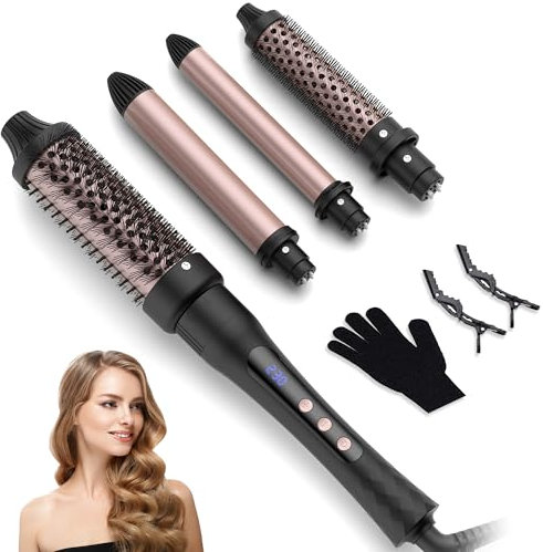 4 in 1 Thermal Brush Curling Iron Set, 25mm & 32mm Curling Wand Set and 32mm & 38mm Thermal Brush Hair Tool, 14 Temp Heating Setting Thermal Round Brush, Interchangeable Hair Curler 110-240V