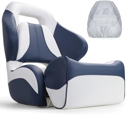 SUNDGORA Premium Pontoon Bucket Seat with Sport Flip Up Bolster,Captain's Chair with Boat Seat Cover,White/Navy Blue