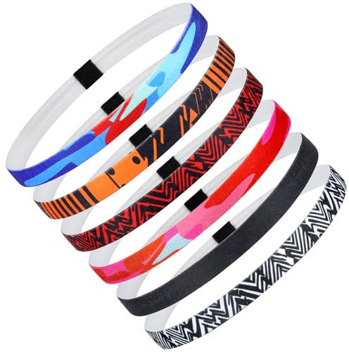 Blooms Sport Headband Kids Men, 6 Pack Thin Boys Hairbands Anti-Slip Sweatbands Silicone Elastic Hairbands for Football, Running, Yoga, Tennis