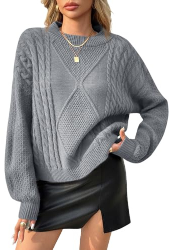 Fisoew Jersey para mujer, cuello redondo, manga larga, de punto grueso, gris, M