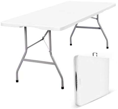 Byliable 180cm Folding Table with Carry Handle, Heavy Duty, White | Portable camping & trestle table seats 6, indoor & outdoor use for picnic, BBQ, camping, garden, wedding & party