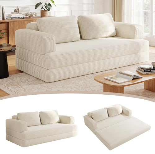 Wumagin Sofá Cama 2 Plazas 160 cm, Sofá de Suelo Modular con Función de Dormir, Sofá de Nubes de Pana con Cojín para Sala de Estar y Dormitorio (Blanco)