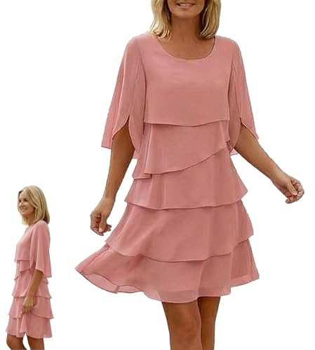 Chiffongklänning Dam med Volanger, Elegant Midi-klänning med 3/4 Klockärm, Flowy Lager-på-lager Klänning för Bröllopsgäst Fest och Fina Tillfällen(Pink,XL)