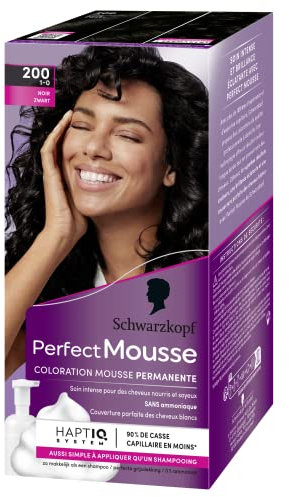 Schwarzkopf - Perfect Mousse - Coloration Cheveux - Mousse Permanente sans Ammoniaque - Masque Soin 96 % d'ingrédients d'origine naturelle - Noir 200