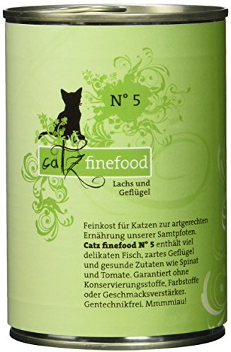 catz finefood N° 5 lax & fjäderfä fin mat kattmat våt, raffinerad med spenat och tomat, 6 x 400 g burkar