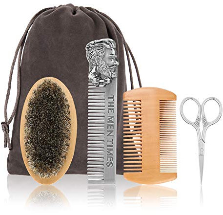 Kit Ciseaux et Brosse pour Barbe 4 PCS, Brosse de Barbe, Peigne en Acier Inoxydable, Ciseaux, Peigne Long, Professionnel Kit de Soins de Barbe pour Homme