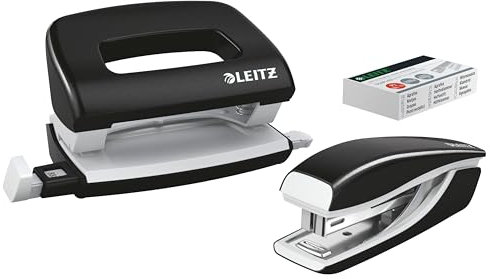 Leitz NeXXt Mini-Locher- und Heftgerät-Set für bis zu 10 Blatt, Inkl. P2 Nr. 10 Heftklammern, schwarz, WOW, 55612095