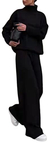 Minetom Tuta da Ginnastica Donna Tute Pullover a Collo Alto Maglione + Pantaloni Set Training Sportivo a Maglia Completo Sportswear 2 Pezzi A Nero M