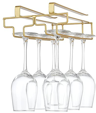 FOMANSH Wine glass holder hanging, no drilling required, storage, no screws required, stainless steel, adjustable shelf thickness, kitchen, Gold