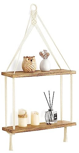 Mkono Boho Wall Shelf 2 Tier Cotton Rope Handmade Macrame Wall Mounted Shelves Rustic Wooden Floating Shelves for Pictures Plants Hanging Storage Shelf for Living Room Bedroom