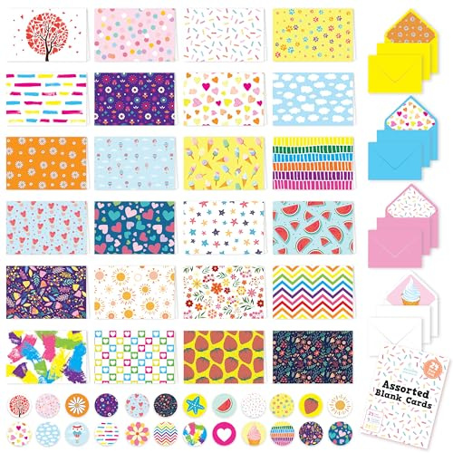 Decorably 24 Pack 6x4in Assorted Blank Cards with Envelopes and Stickers, 24 Unique Colorful Designs for Kids and Adults, Friends & Loved Ones - All Occasions Gifting, Mailing