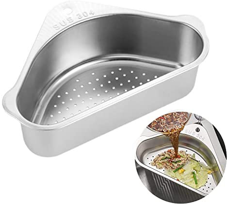 304 Lavello in acciaio inox – Scaffale triangolare per lavello – Cestello filtro per lavandino – Organizer multifunzione per rifiuti alimentari e lavaggio frutta o verdura (argento)