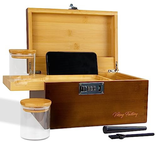 Viking Factory Premium Bamboo Storage Box with Removable Dividers, Decorative Wooden Organizer for Jewelry, Tea, Spices, or Valuables - Includes Accessory Trays