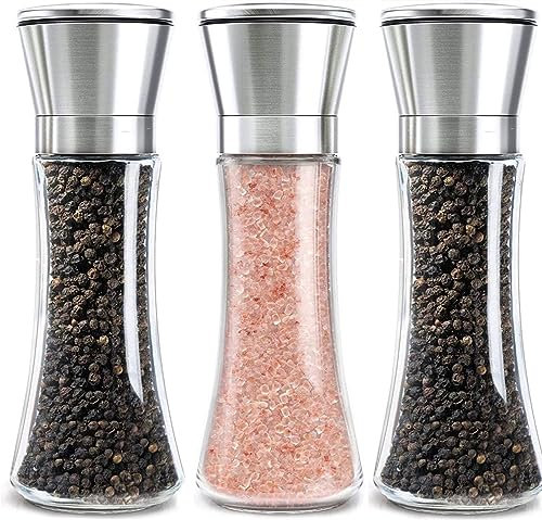 3 Pezzi Macina Sale Pepe, Saliera e Pepiera Manuale in Vetro e Acciaio Inox Macinapepe, Macinasale e Pepe Dimensioni Regolabili Dei Grani per Sale Marino Grosso, Pepe in Grani,200ML