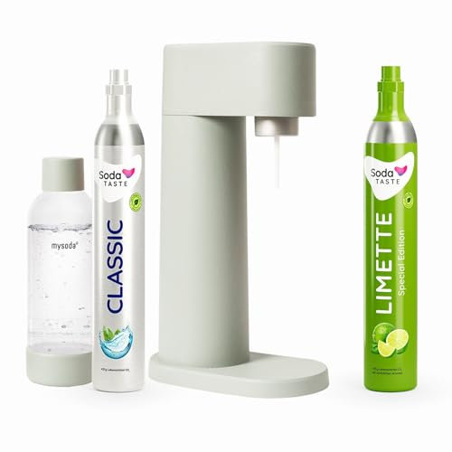 Sparpaket: Mysoda Woody - Wassersprudler aus erneuerbarem Holzkomposit mit 1L BPA-freier Plastikflasche, CO2-Zylinder Classic + CO2-Zylinder Limette (Hellgrün, Pigeon)
