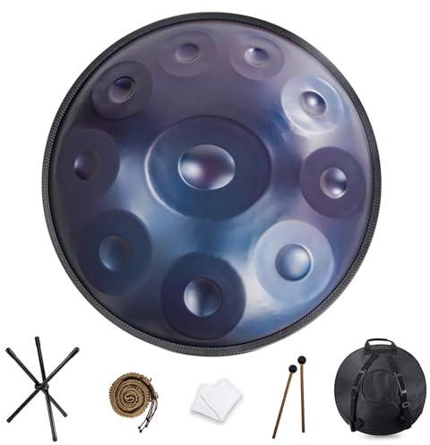 NAHAIA HANDPAN DRUM 9/10/12 Noten Steel Handpan 440hz/432hz Stahl-Handtrommel Instrument 22 Zoll in D-Moll Harmonische Percussion für Klangheilung, persönliche Meditation(10 Notes-440Hz-Blue)