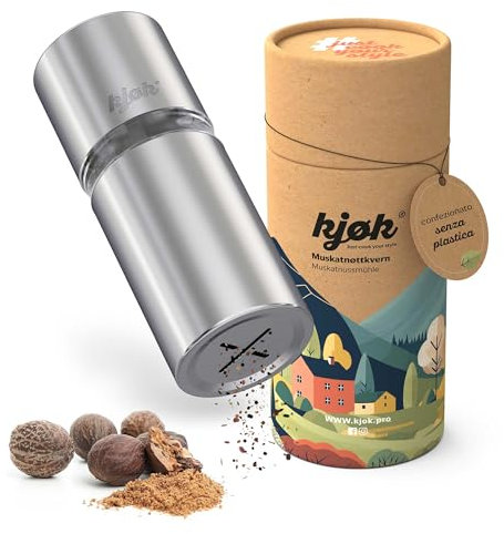 kjøk Premium Macinino per noce moscata con contenitore in acciaio inox spazzolato, affilato meccanismo in acciaio per la polvere di noce moscata più fine, macina spezie per fava tonka