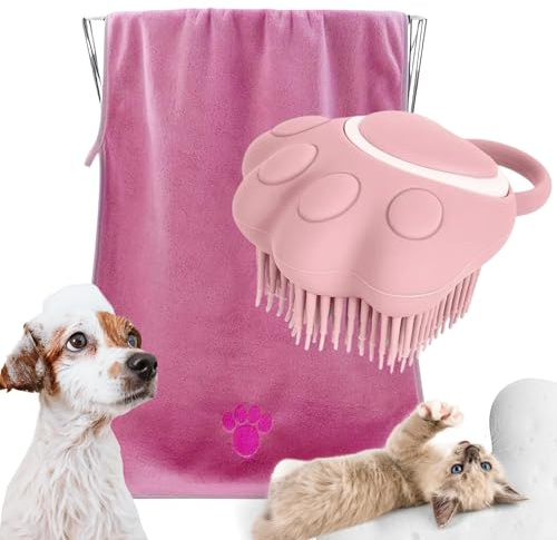 FurFurina® Kit de Aseo 2 en 1 para Perros y Gatos – Cepillo de Baño con Depósito de Champú + Toalla Absorbente 75×35 cm – Microfibra y Silicona – Limpieza, Secado y Masaje – Color Rosa