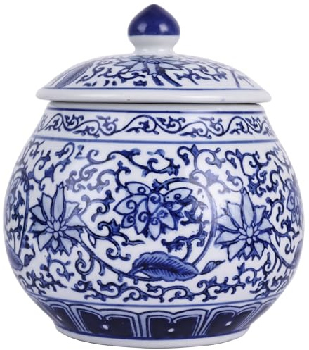 Ming And Qing Dynasty Style Blue and White Porcelain Ginger Jar - Hand-Painted Floral Chinoiserie Decorative Jar, Ceramic Flower Vase & Storage Jar for Home Decor, Tea, or Snacks (Byuan Jar)