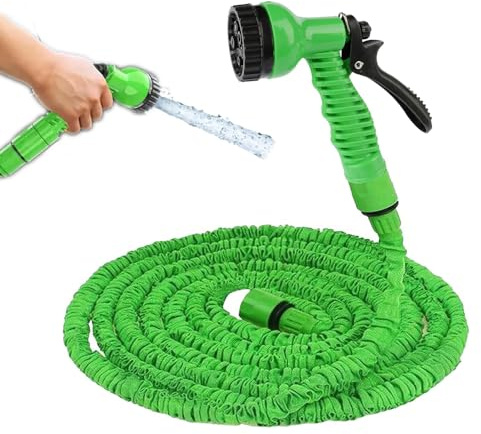 3 tubi da giardino espandibili per rubinetto da 1,9 cm e 1,2 cm, flessibile, anti-perdite, verde, elasticizzato, con ugello spray a 7 funzioni, per lavaggio auto, irrigazione fiori (30 m, 30 m)