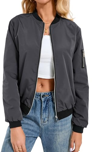Jhsnjnr Women's Windbreaker Lightweight Bomber Jacket Zip Up Spring Autumn Flight Jackets Trendy Long Sleeve Solid Coat with Pockets