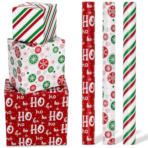Toptime Papier Cadeau Noel, 3 Rouleau Papier Cadeau Rouge Vert avec Rayure Flocon de Neige, Brillant Métallisé Emballages de Cadeaux avec Lettre Ho, pour Nouvel An, Fêtes, Célébrations, 300x43cm