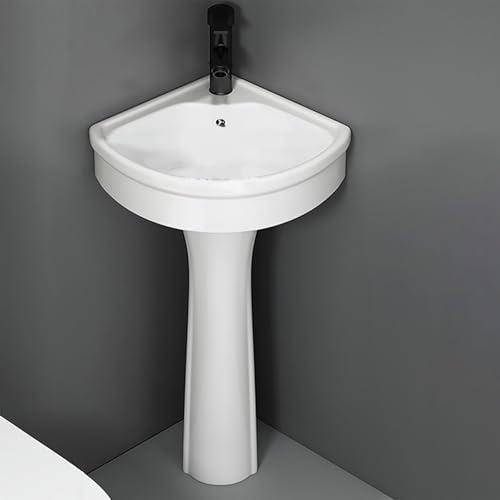 Lavabo de esquina con pedestal, Fregadero triangular de cerámica con rebosadero y diseño de suelo, Incluye grifo y desagüe, Apto para baños pequeños y modernos