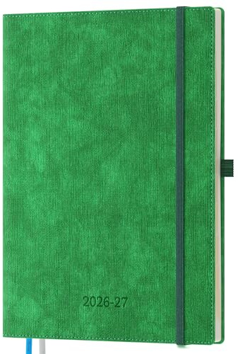 IN-LUXPRO Agenda 2026 2027 Semana Vista 29x21,5cm,18 Meses Académico (Jul.2026-Dic.2027), Planificador Semanal con Índice mensual,Tapa blanda de cuero PU,Vertical,Verde