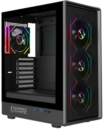 EMPIRE GAMING EC256 medelstor ATX/mATX/ITX, 4 ARGB-fläktar 120 mm förinstallerade + PWM, härdat glas, GPU 325 mm, vattenkylning 240 mm, 2 USB 3.0