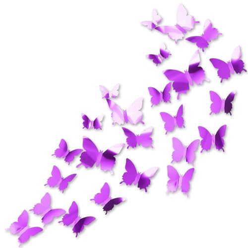 24 Pezzi Farfalle 3D Decorative da Muro, 3 Dimensioni, Adesivi Murali Effetto Specchio Viola Removibili per Cameretta Bambini, Camera da Letto, Decorazioni per Feste e Matrimoni