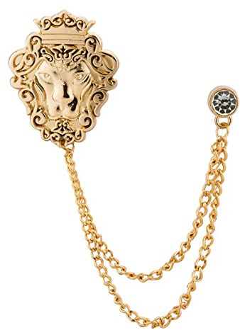 Knighthood Vintage Men Golden Crowned Lion King With Stone Hanging Chain Brooch Pins Lapel Pin, Suit Coat for Women Accessories