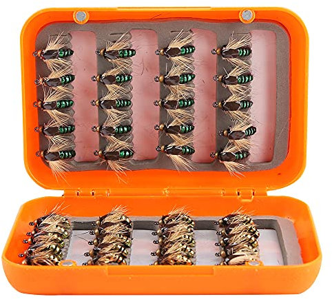 Demeras Lifelike Fly Fishing Box Fly Fishing Dry Bait Hooks Fly Fishing Dry Set Waterproof Fly Box for Fishing Competition (Gold Green Mixed)