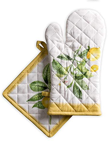 Maison d' Hermine Limoncello Ensemble de Gants de Four de (19cm x 33cm) et maniques de (20cm x 20cm), 100% Coton, pour Barbecue, Cuisson, Four, Micro-Ondes, grillades, Printemps/été, Pâques