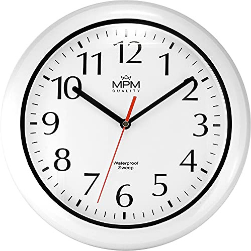 MPM Quality Reloj de Pared de baño de plástico y Cristal Mineral, Cuarzo Barrido, Resistente al Agua, 3-5 ATM, Color Blanco/Negro, diámetro de 305 mm, Adecuado también para Exteriores y como Reloj de