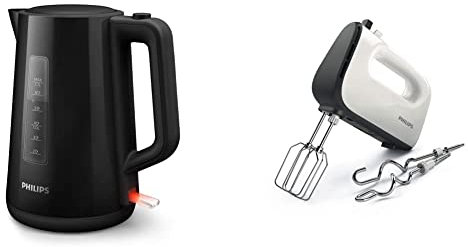Philips HD9318/20 Wasserkocher Serie 3000, 1,7l, Federdeckel, LED-Anzeige, schwarz & HR3741/00 Handmixer (450 Watt, 5 Geschwindigkeiten plus Turbo) weiß/schwarz